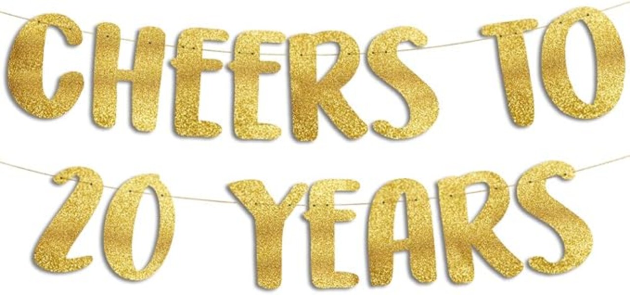 Pre-Strung "Cheers to 20 Years" Gold Glitter Banner - No-DIY 20th Birthday & Anniversary Decorations for Men & Women - Premium 350gsm Cardstock - 5ft Large Photo Backdrop & Wall Sign